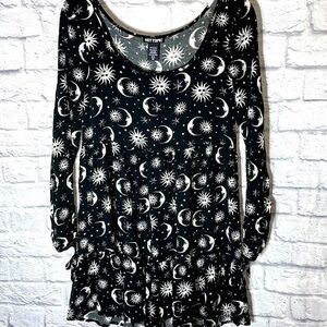 Hot Topic Celestial Sun Moon Star Balloon Sleeve Tiered Empire Waist Mini Dress